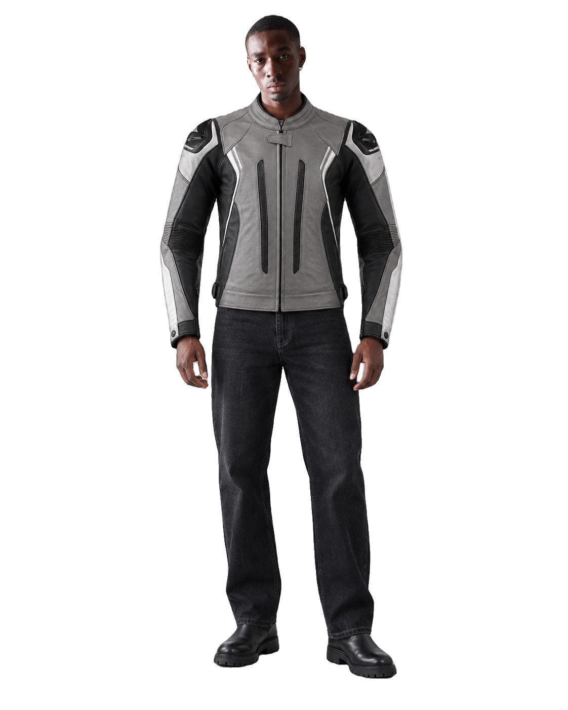 TitanFlow R Leather Motorcycle Racing Jacket front view on male model with transparent background