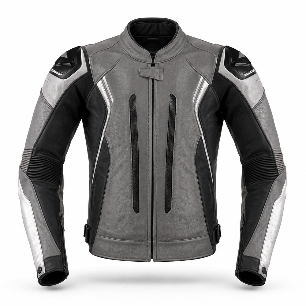 TitanFlow R original gray leather racing jacket front view