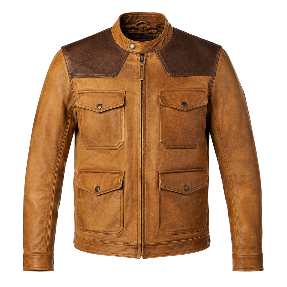 Tobacco Crest Brown classic cruiser leather motorcycle jacket front hero view