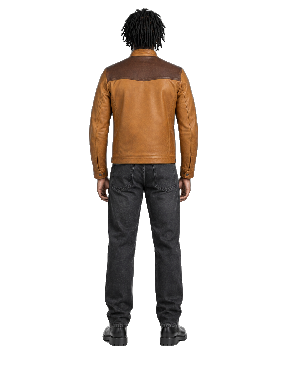 Tobacco Crest Brown Leather Cruiser Jacket back view on male model with transparent background