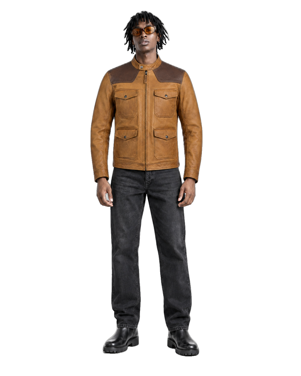 Tobacco Crest Brown Leather Cruiser Jacket front view on male model with transparent background