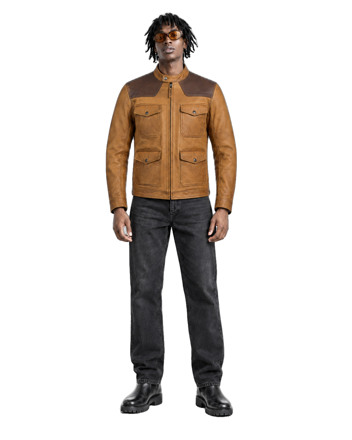 Tobacco Crest Brown Leather Cruiser Jacket front view on male model with transparent background