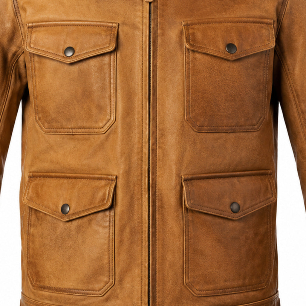Tobacco Crest Brown classic cruiser leather motorcycle jacket leather and hardware detail