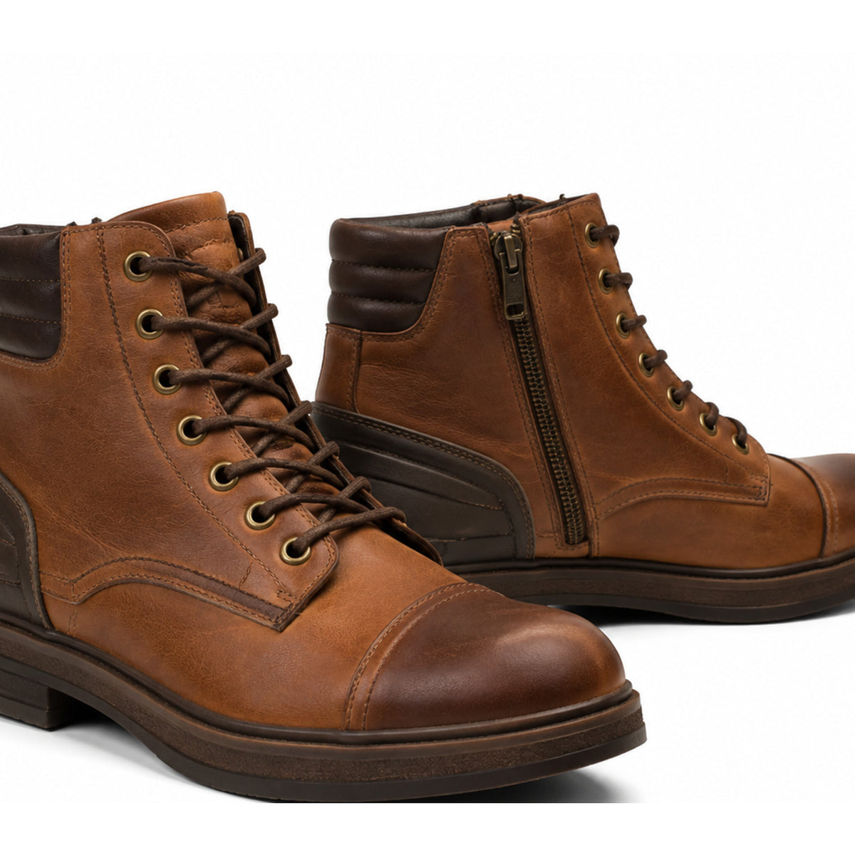 Tobacco Crest Cap-Toe Motorcycle Riding Shoes – upper closure detail in Tobacco Tan / Espresso