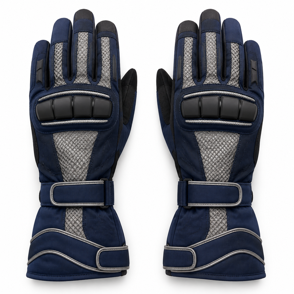 TourVent long-cuff mesh touring gloves in navy and silver