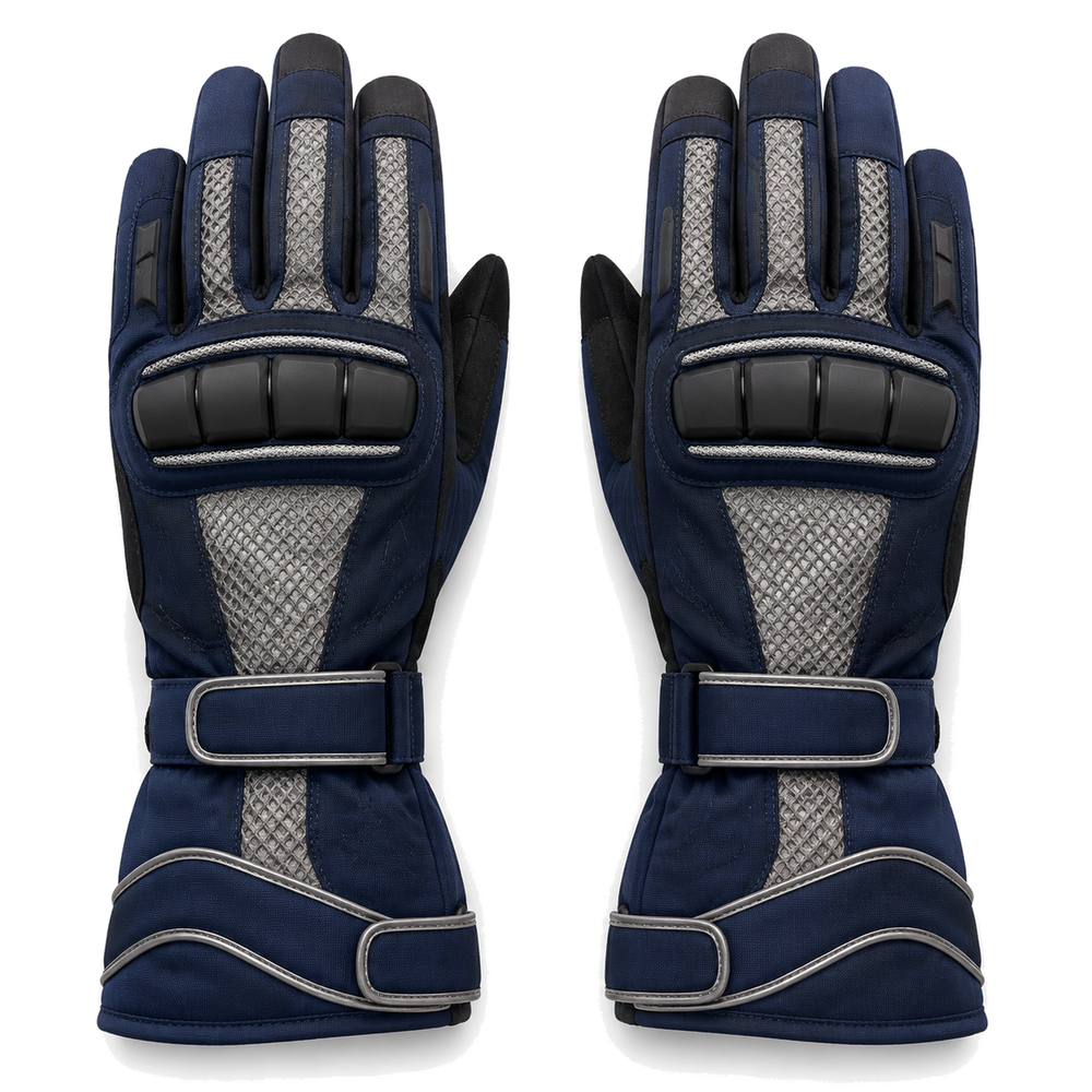 TourVent long-cuff mesh touring gloves in navy and silver