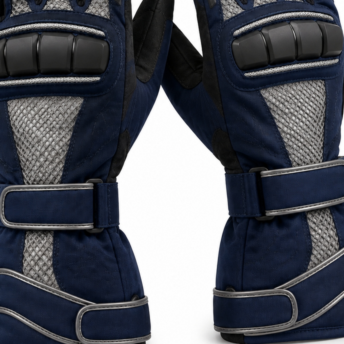TourVent navy and silver street motorcycle gloves — cuff and backhand construction detail