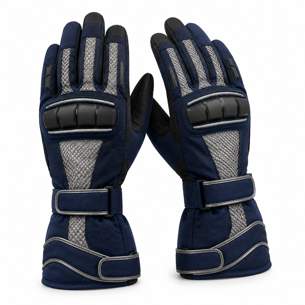 TourVent navy and silver street motorcycle gloves — full pair hero view