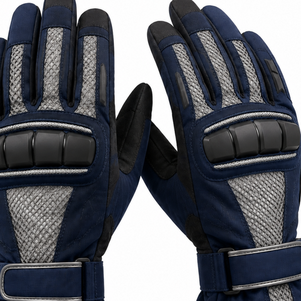 TourVent navy and silver street motorcycle gloves — knuckle and finger construction detail