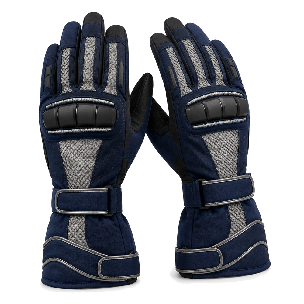 TourVent navy and silver street motorcycle gloves — full pair hero view