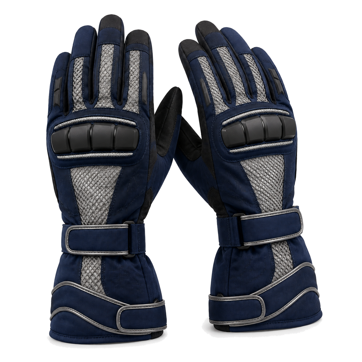 TourVent navy and silver street motorcycle gloves — full pair hero view