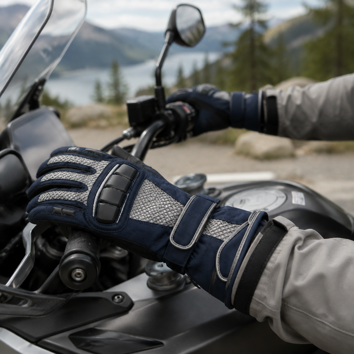 Touring rider wearing navy and silver TourVent mesh motorcycle gloves