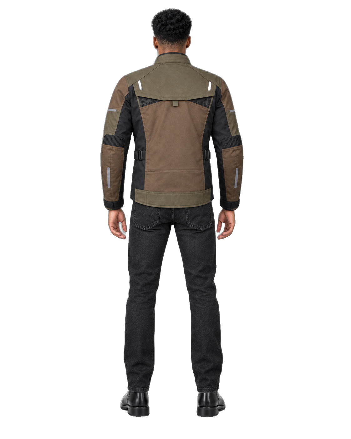 Trailborne Terra All-Season Motorcycle Jacket back view on male model with transparent background