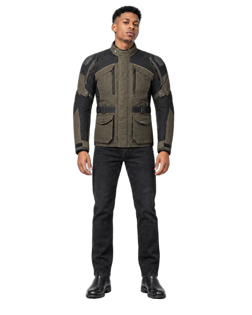 Trailborne Terra All-Season Motorcycle Jacket front view on male model with transparent background