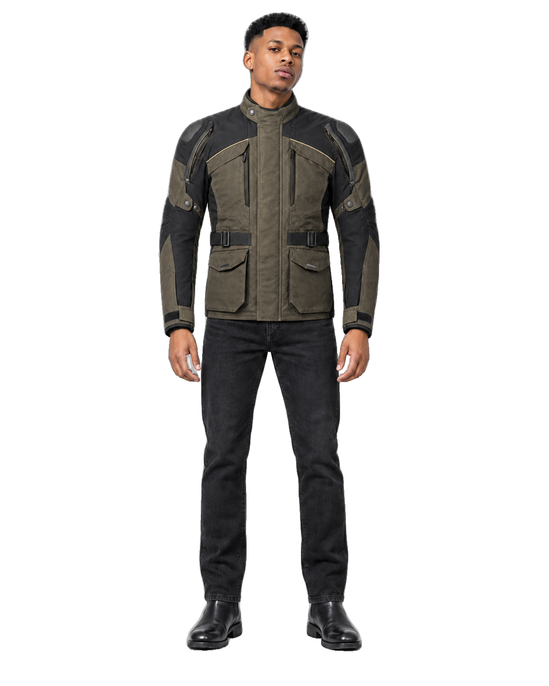 Trailborne Terra All-Season Motorcycle Jacket front view on male model with transparent background