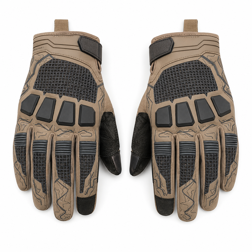 TrailGrid adventure mesh motorcycle gloves in sand and charcoal