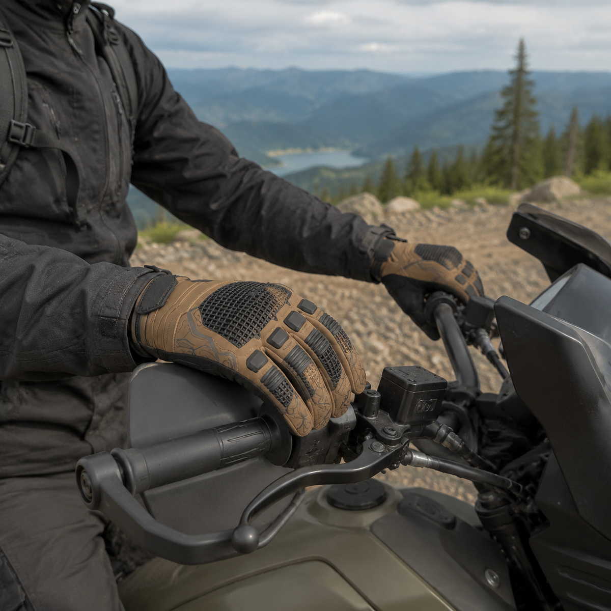 Adventure rider wearing sand and charcoal TrailGrid mesh motorcycle gloves