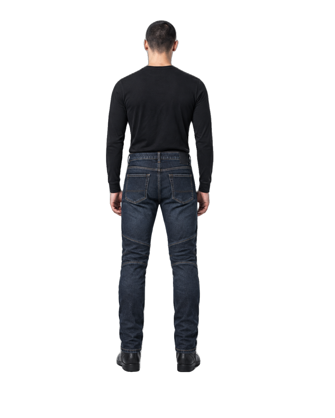 Urban Flex Indigo Armored Motorcycle Riding Jeans back view on male model on transparent background