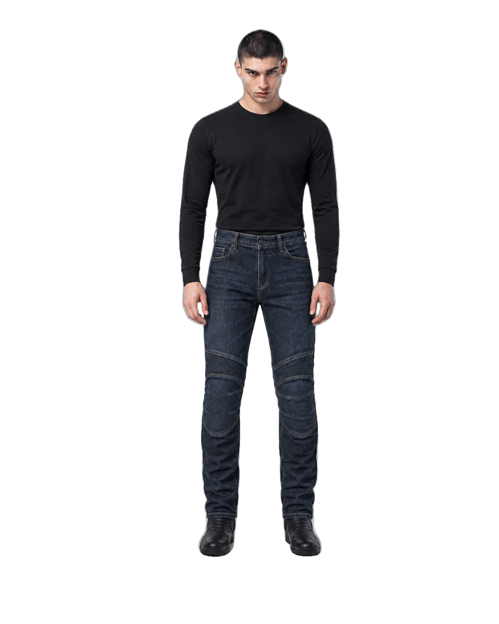 Urban Flex Indigo Armored Motorcycle Riding Jeans front view on male model on transparent background