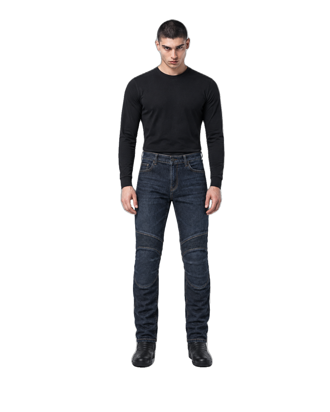 Urban Flex Indigo Armored Motorcycle Riding Jeans front view on male model on transparent background