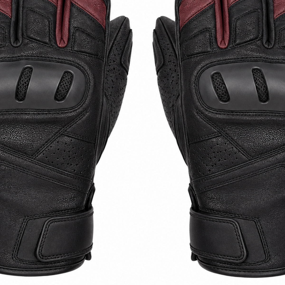 UrbanArc black and burgundy street motorcycle gloves — cuff and backhand construction detail