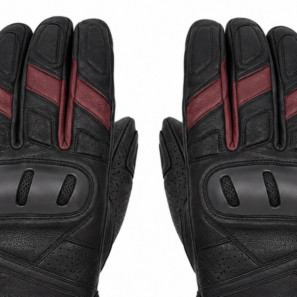 UrbanArc black and burgundy street motorcycle gloves — knuckle and finger construction detail