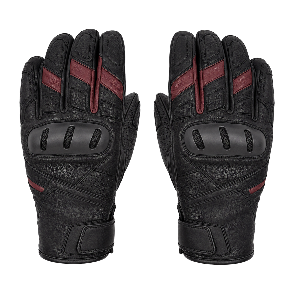 UrbanArc black and burgundy street motorcycle gloves — full pair hero view