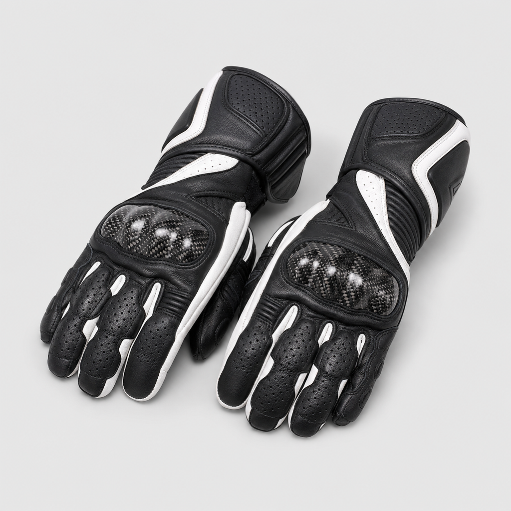 Velocity Carbon black and white leather motorcycle gloves hero view
