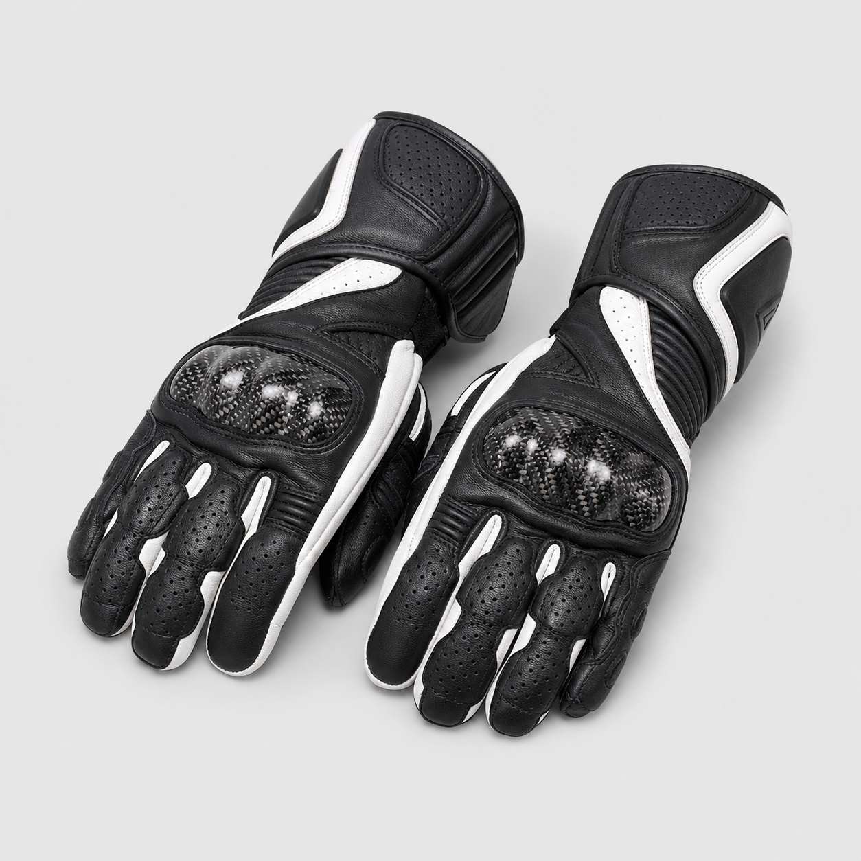 Velocity Carbon black and white leather motorcycle gloves hero view
