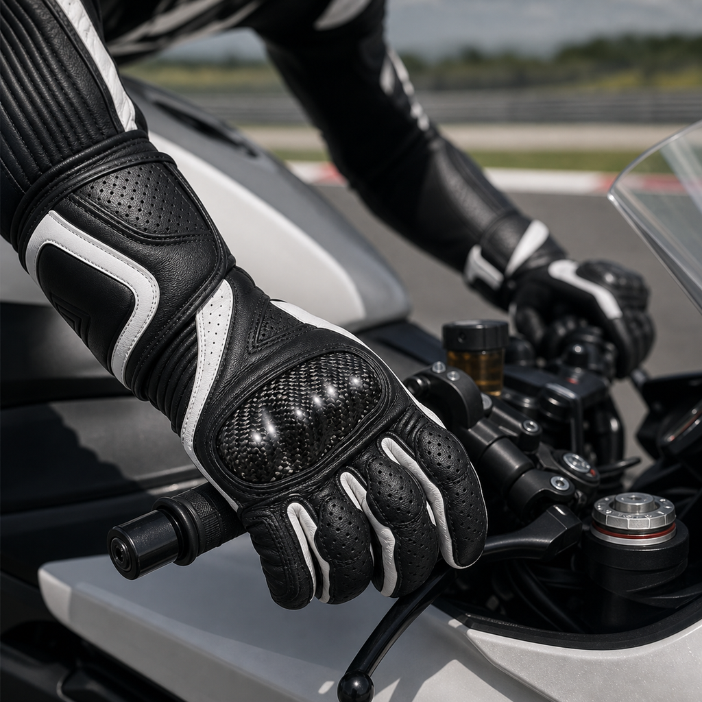Rider wearing Velocity Carbon leather motorcycle gloves
