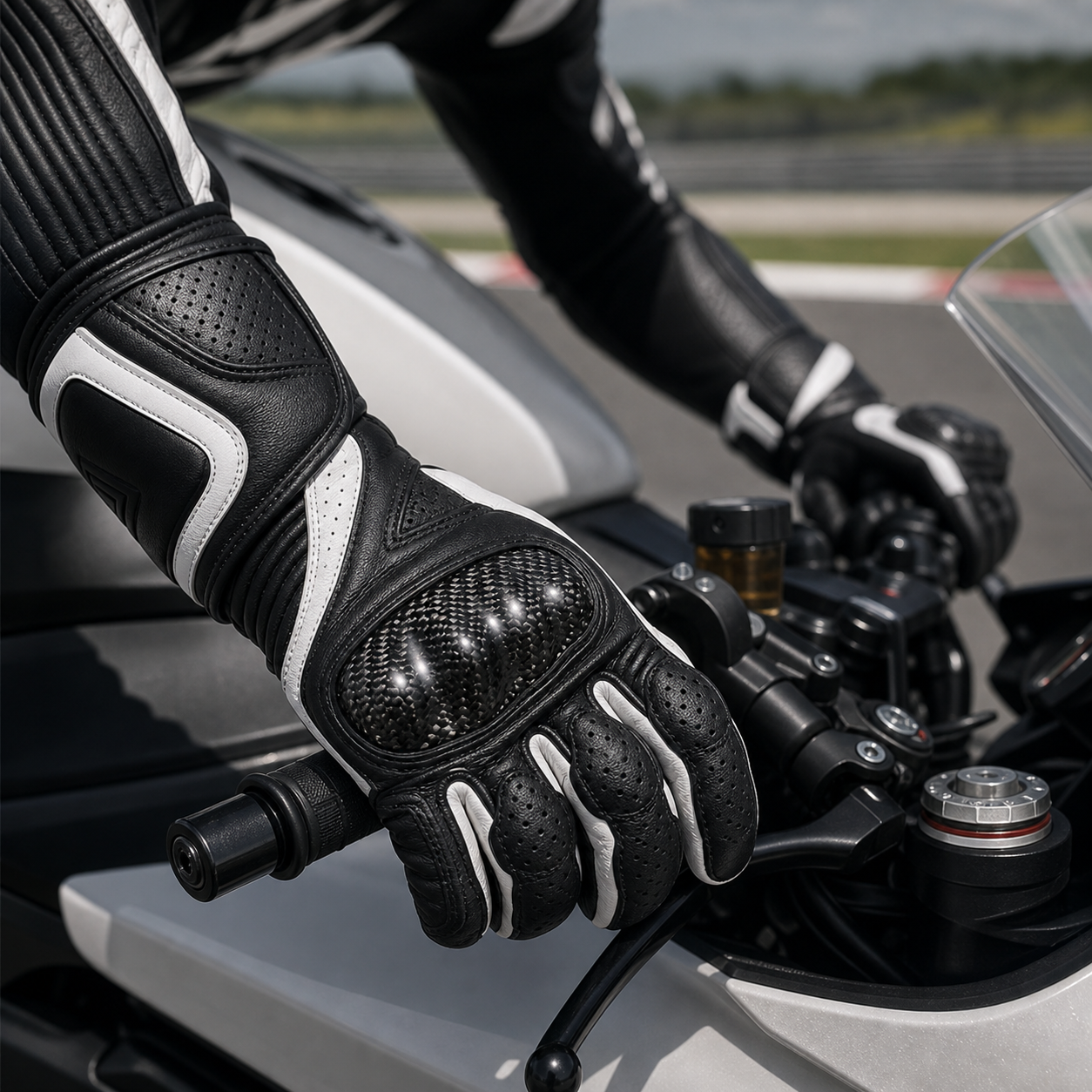 Rider wearing Velocity Carbon leather motorcycle gloves