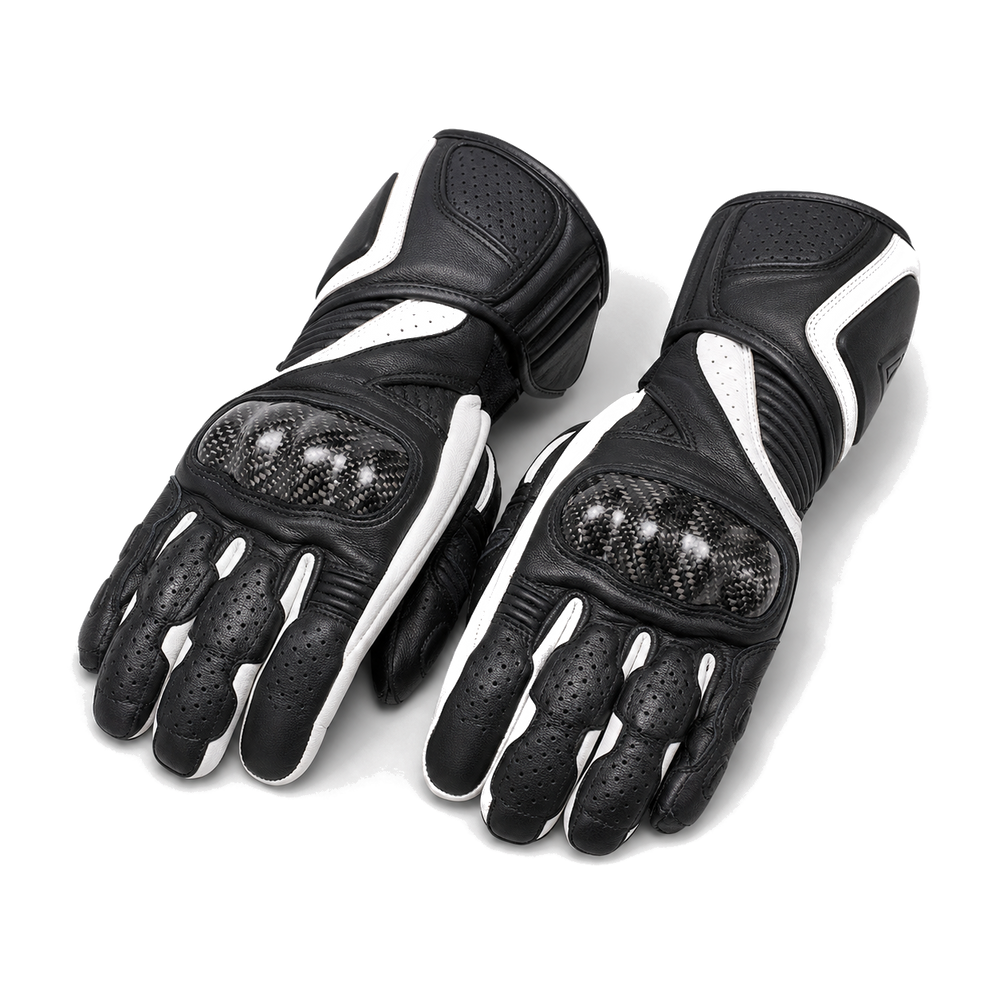 Velocity Carbon black and white leather motorcycle gloves hero view