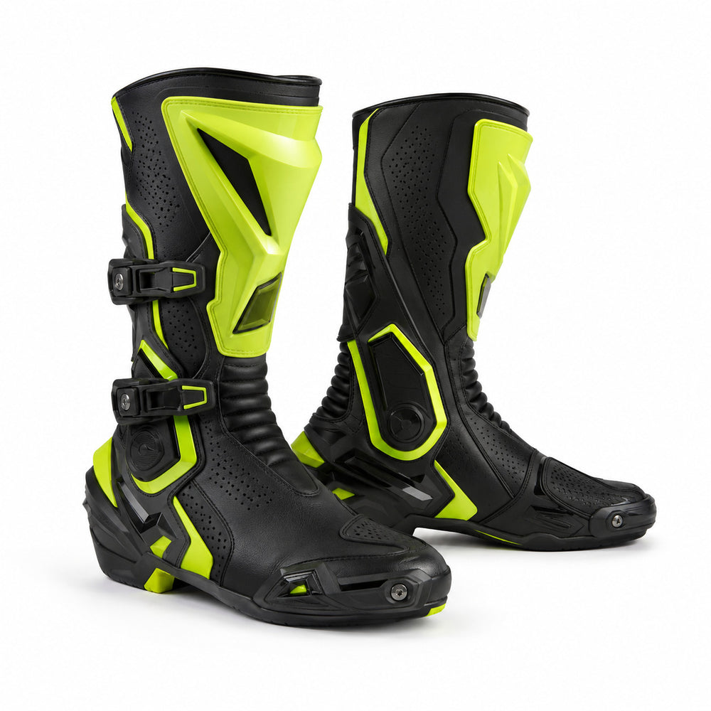 Volt Phantom Neon Racing Motorcycle Boots – hero – Matte Black / Neon Lime