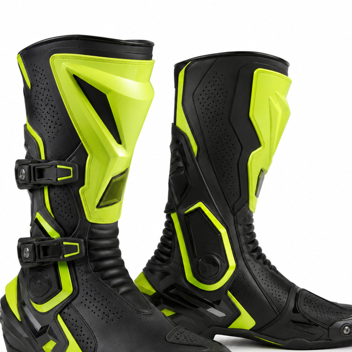 Volt Phantom Neon Racing Motorcycle Boots – shin closure detail – Matte Black / Neon Lime