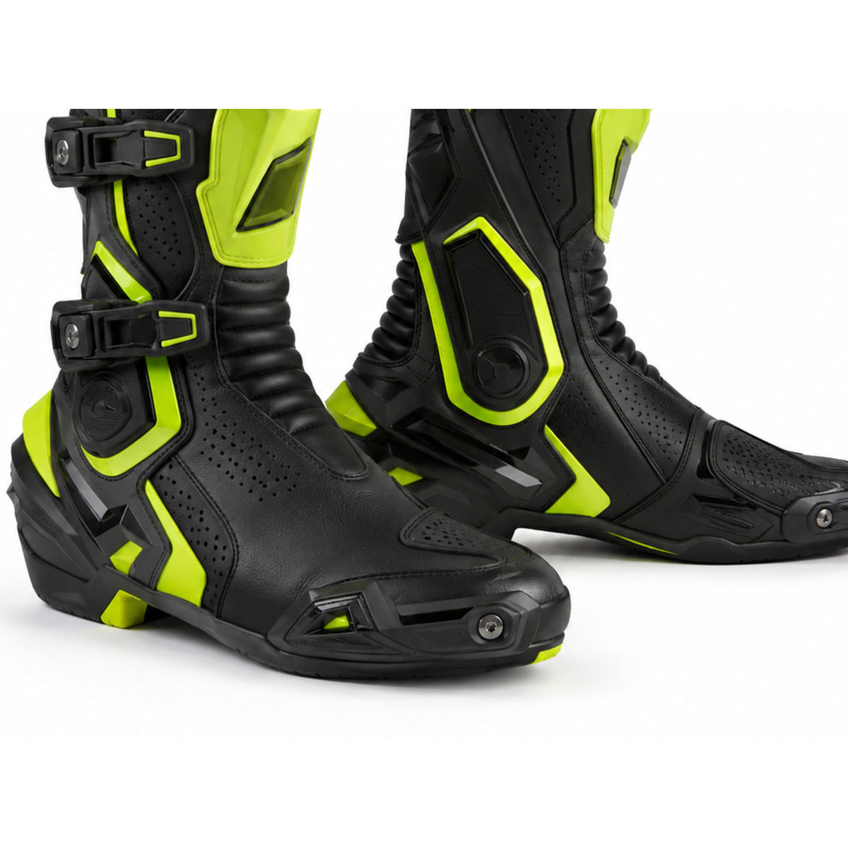 Volt Phantom Neon Racing Motorcycle Boots – toe ankle sole detail – Matte Black / Neon Lime