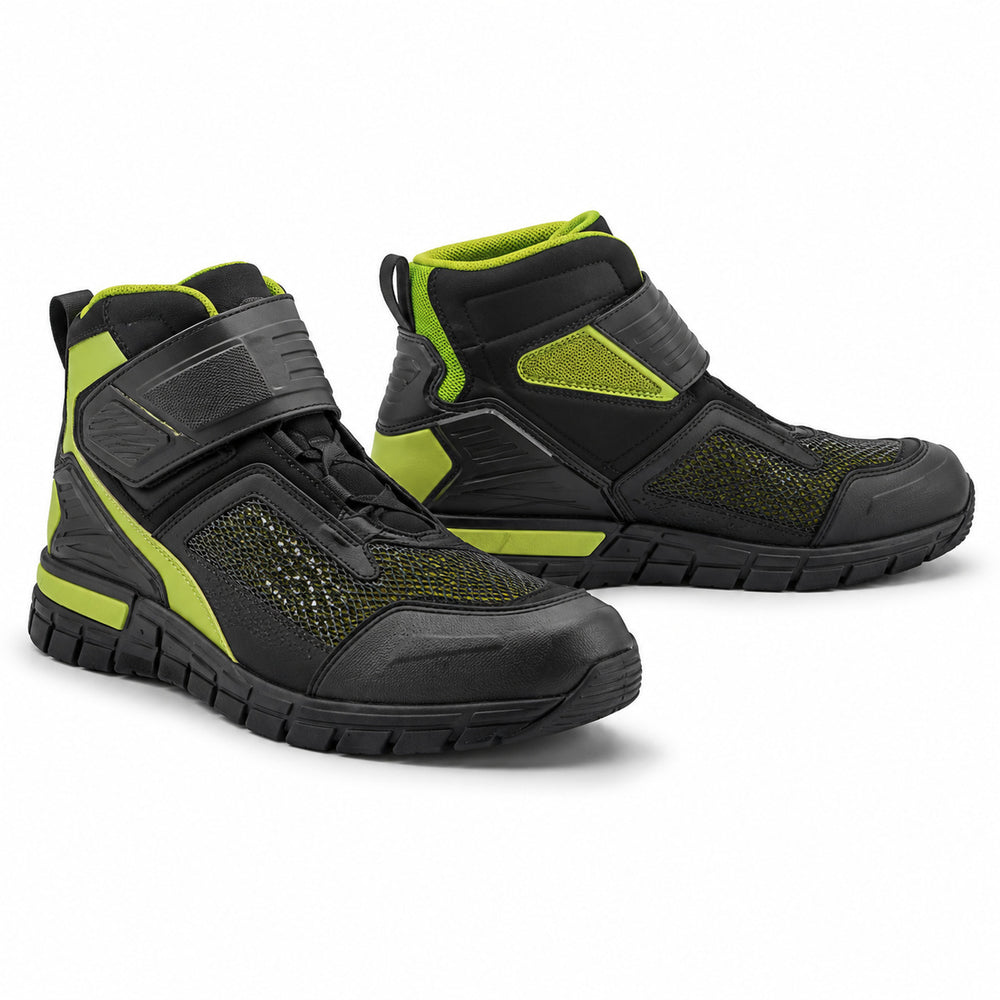 VoltGrid Neon Strap Motorcycle Riding Shoes – hero in Black / Neon Lime
