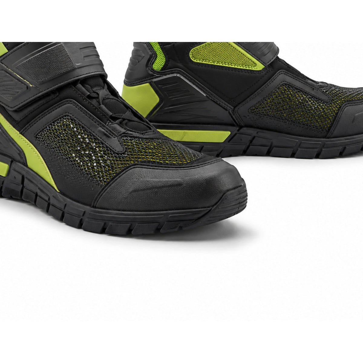 VoltGrid Neon Strap Motorcycle Riding Shoes – toe sole detail in Black / Neon Lime