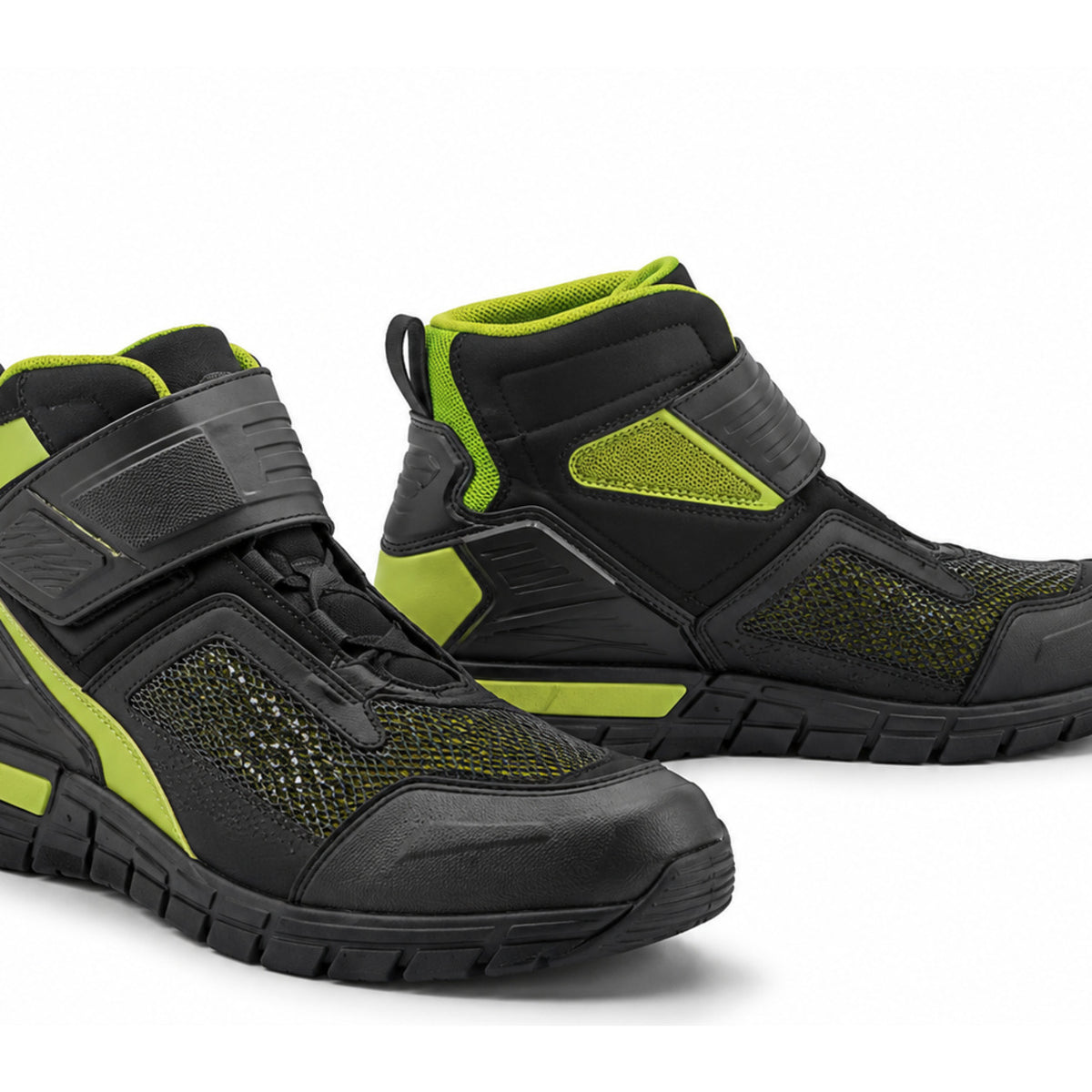 VoltGrid Neon Strap Motorcycle Riding Shoes – upper closure detail in Black / Neon Lime