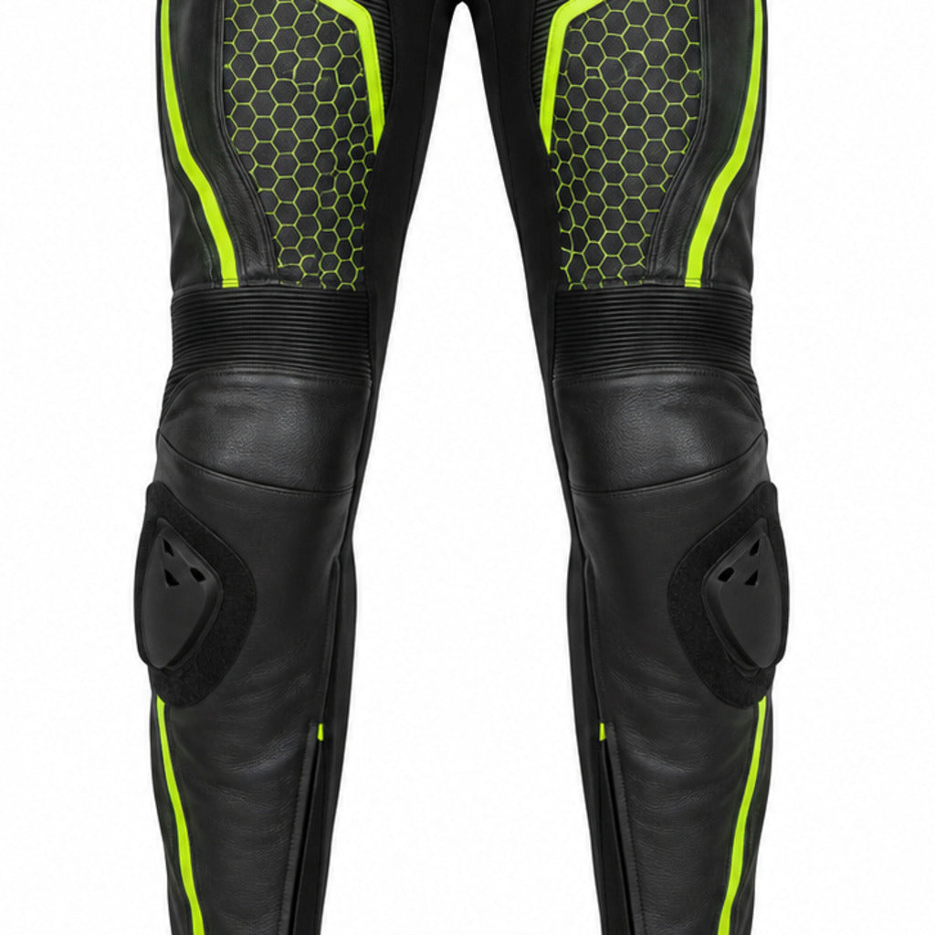 VoltTrack Leather Motorcycle Racing Pants knee panels leather and stitching detail