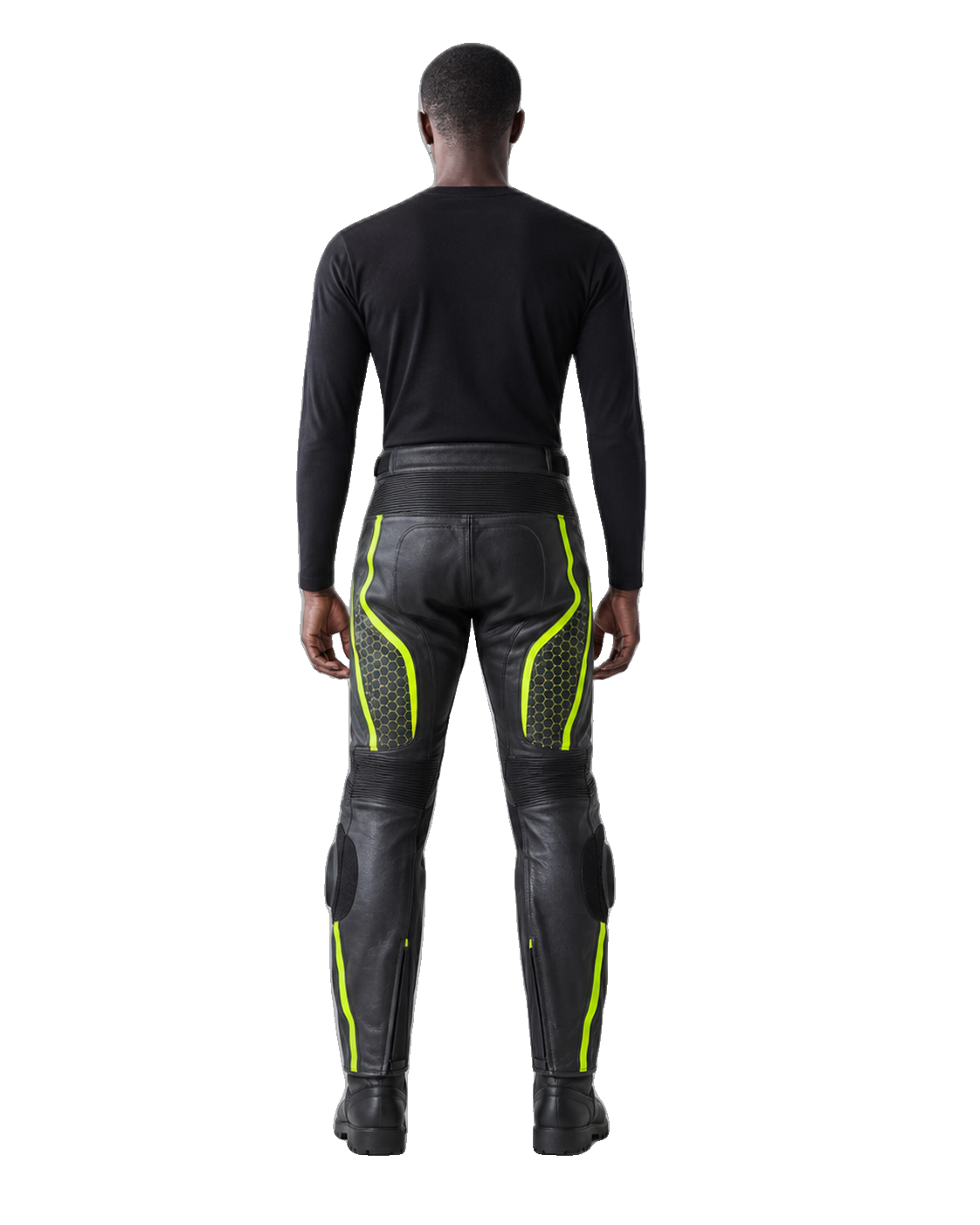 VoltTrack Leather Motorcycle Racing Pants back view on male model transparent background