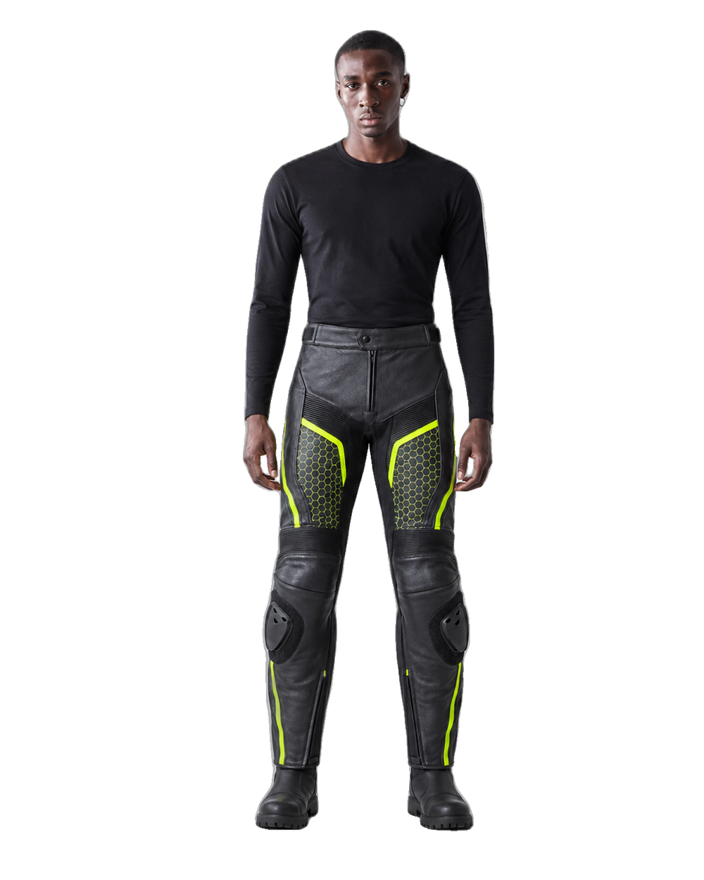 VoltTrack Leather Motorcycle Racing Pants front view on male model transparent background