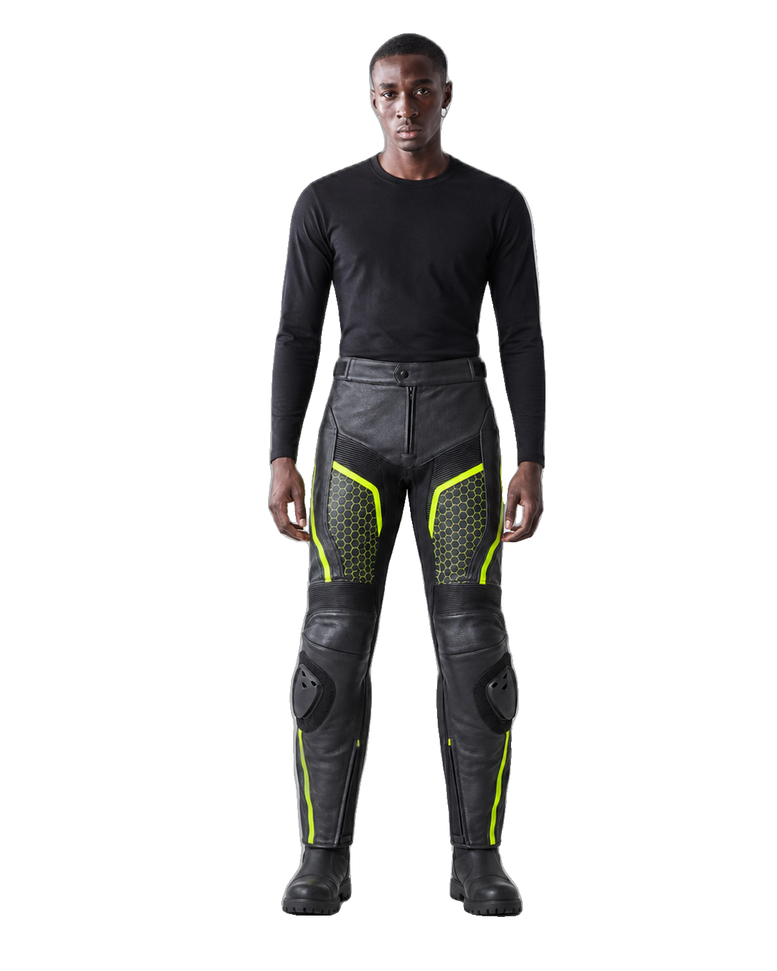 VoltTrack Leather Motorcycle Racing Pants front view on male model transparent background