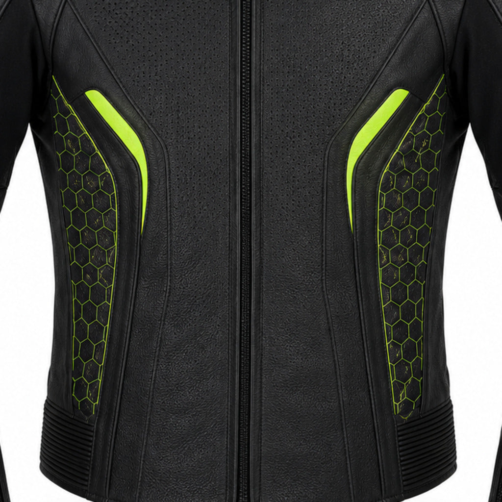 VoltTrack R Leather Motorcycle Racing Jacket leather panels stitching and hardware detail