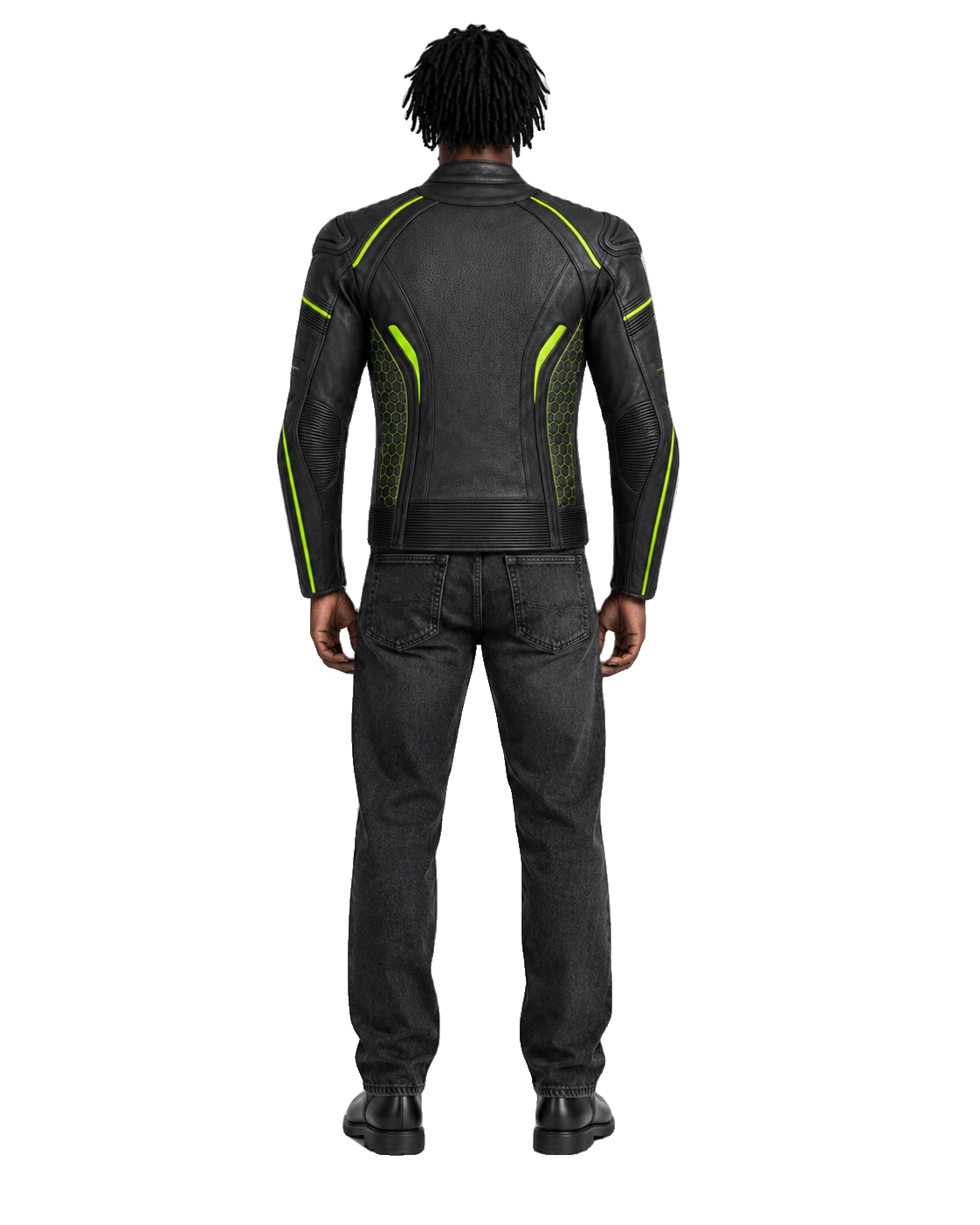 VoltTrack R Leather Motorcycle Racing Jacket back view on male model with transparent background
