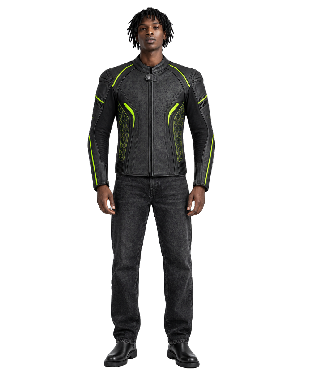VoltTrack R Leather Motorcycle Racing Jacket front view on male model with transparent background