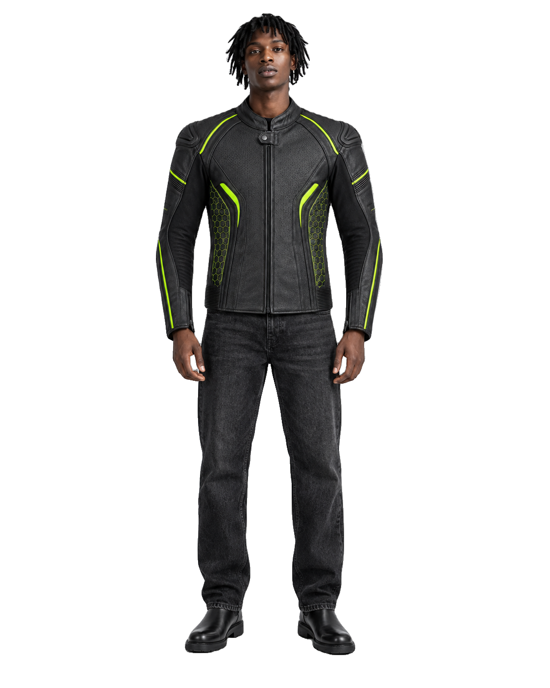 VoltTrack R Leather Motorcycle Racing Jacket front view on male model with transparent background