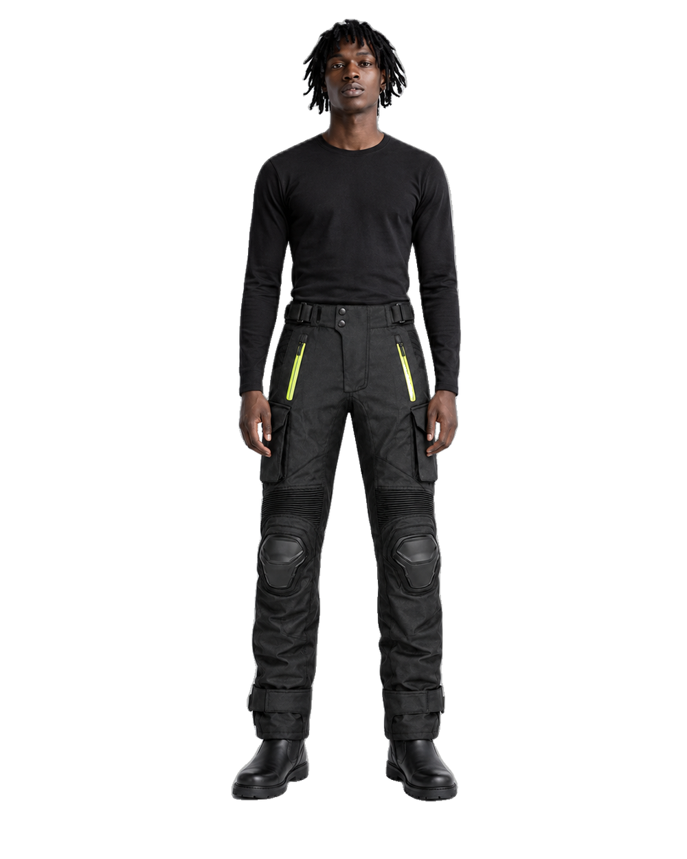 VoltTrail Black Lime Waterproof Textile Motorcycle Pants front view on male model on transparent background