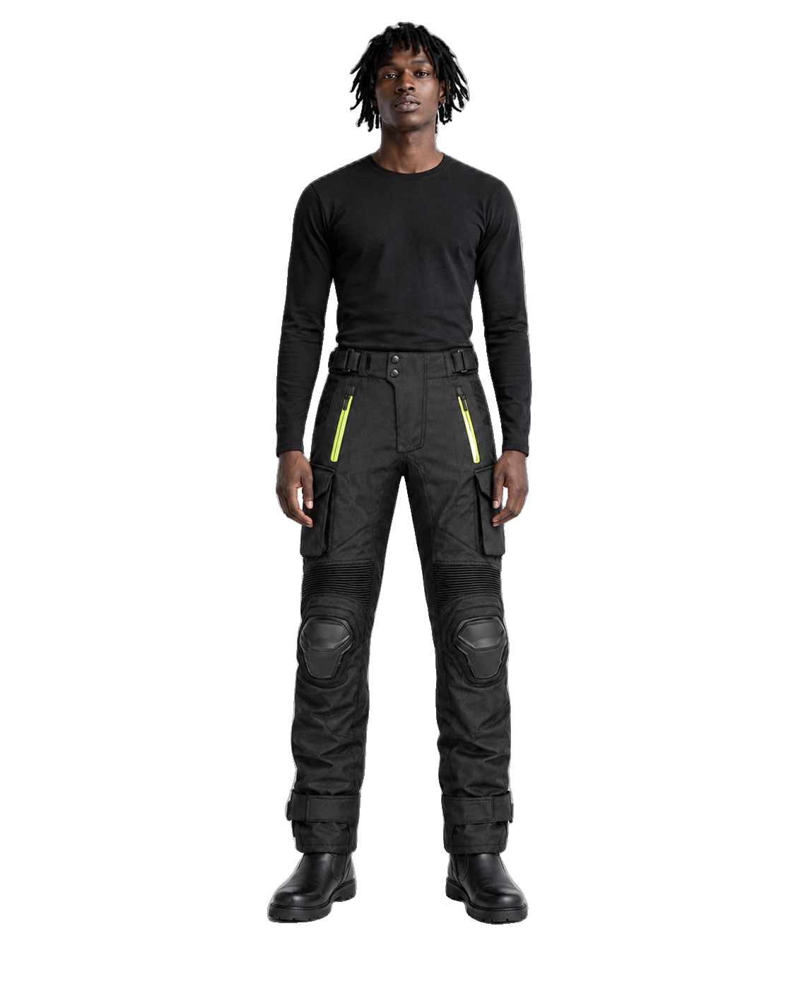 VoltTrail Black Lime Waterproof Textile Motorcycle Pants front view on male model on transparent background
