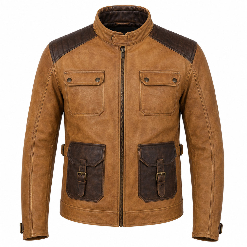 Whiskey Line Tan classic cruiser leather motorcycle jacket front hero view