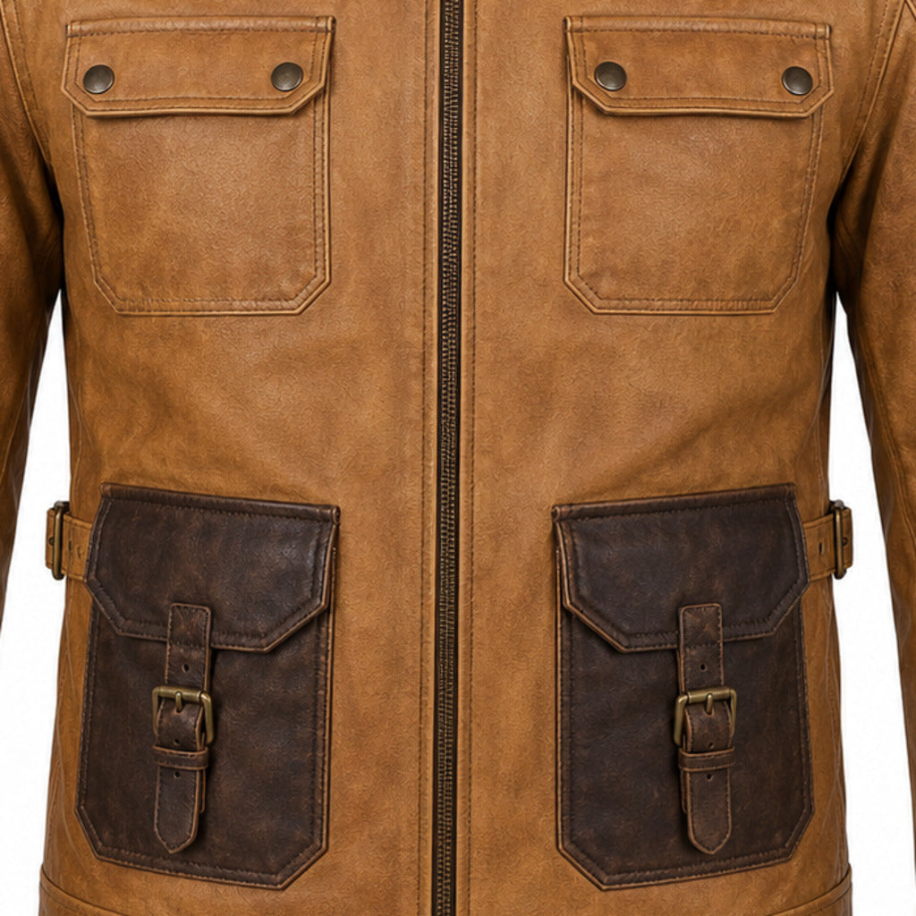 Whiskey Line Tan classic cruiser leather motorcycle jacket leather and hardware detail